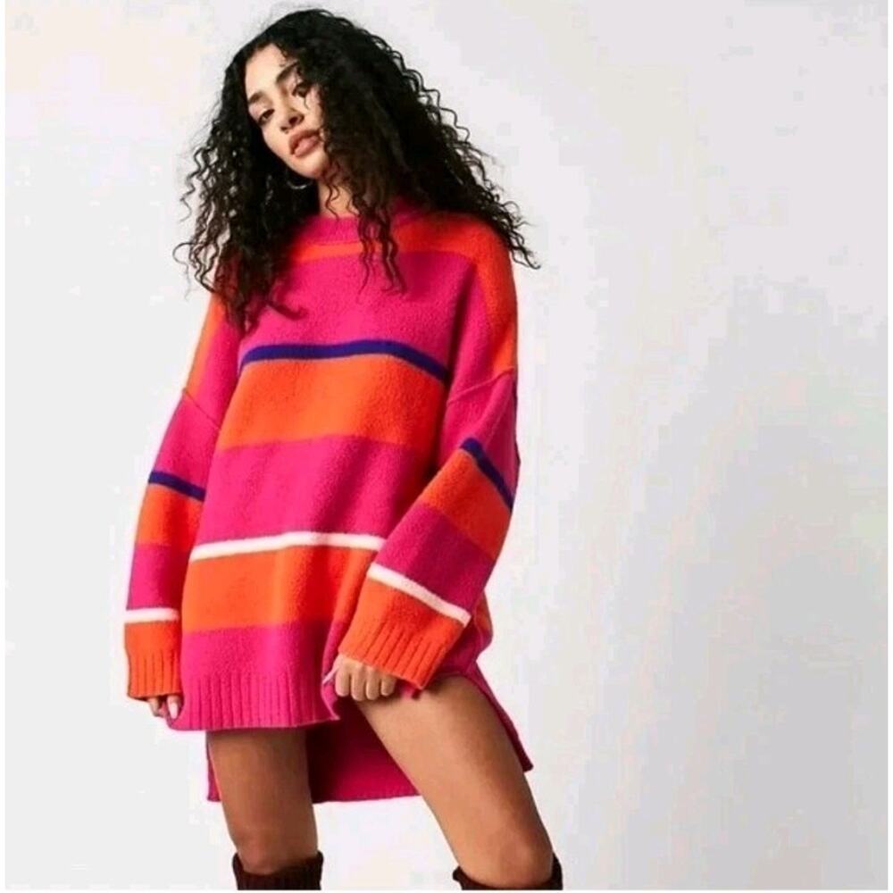 Free People Peaches Stripe Orange Pink Tunic Sweater XS (Has A Spot)‎